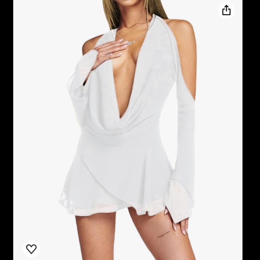 Deep V Neck Bodycon Dress Long Bell Sleeve Sheer Mini White Bride Bachelorette